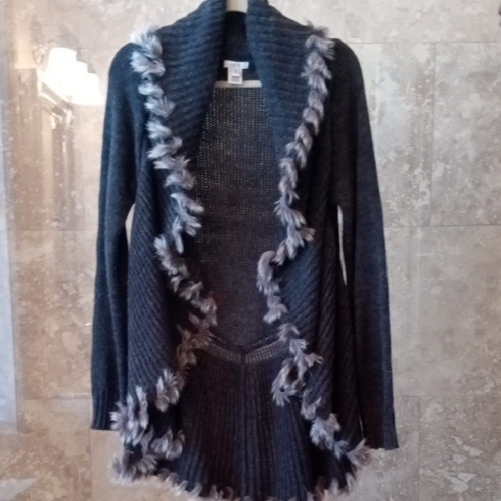 Cache Charcoal and White Cardigan with Faux Fur Trim Sz. Med